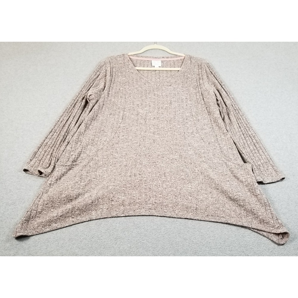 Sunday Tunic Top Womens 1X Plus Pink Gray Ribbed Knit Sharkbite Hem Stretch